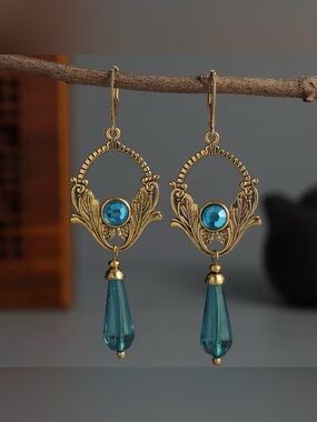 Anthropologie Blue Turquoise Glass Drop Earrings Gold Tone Botanical Boho NWOT